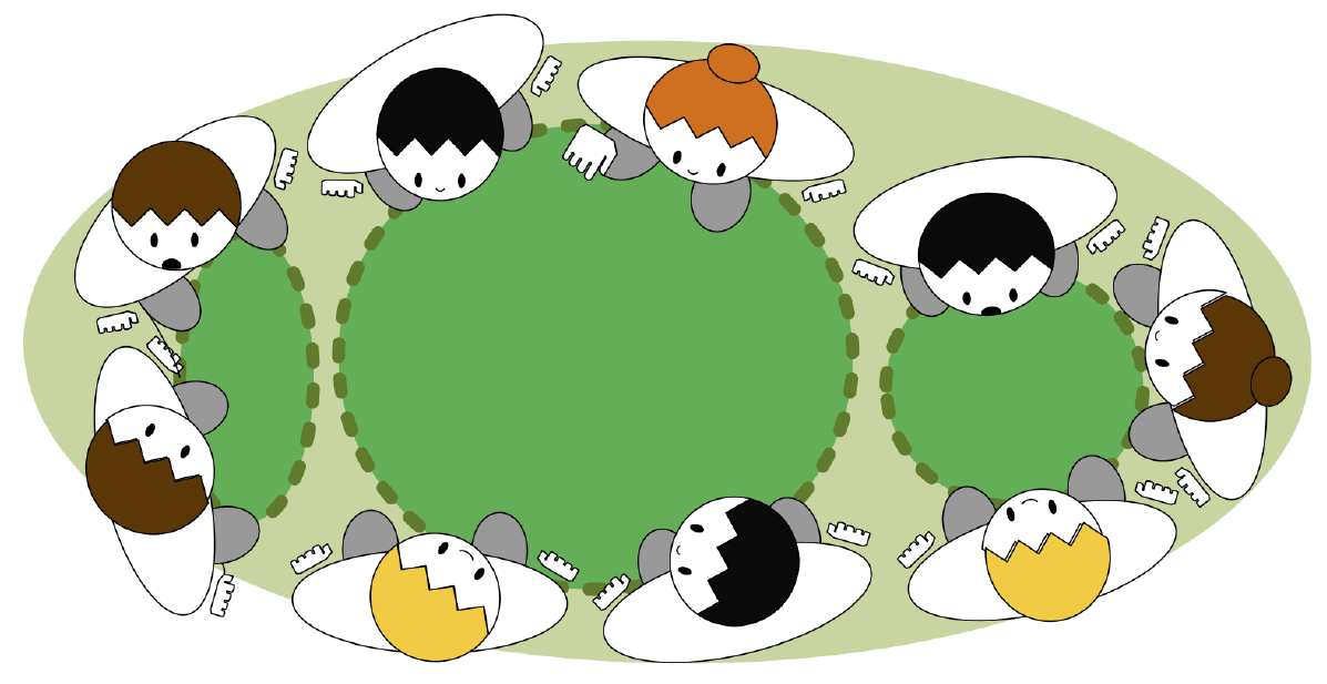 One spatial F-formation containing several simultaneous conversation floors, shown as darker green regions in Figure 1.