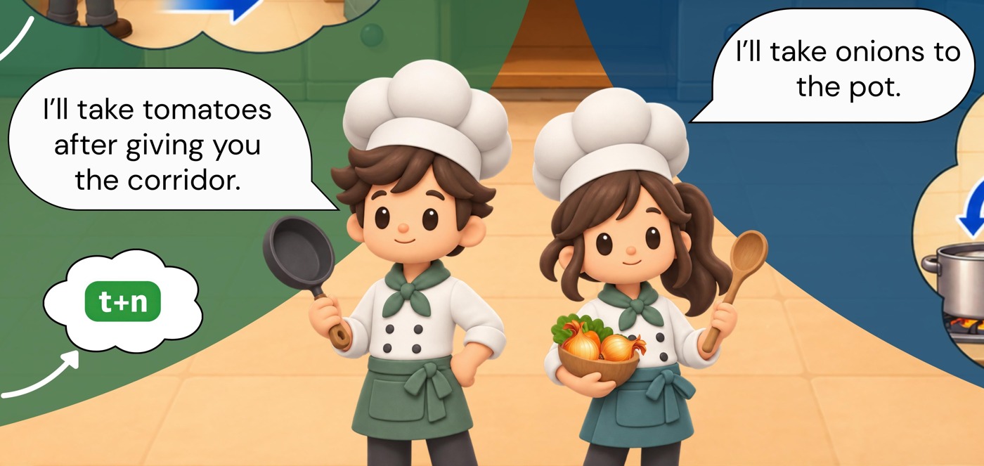 Illustration of two OverForge chefs communicating complementary tomato- and onion-supply roles.